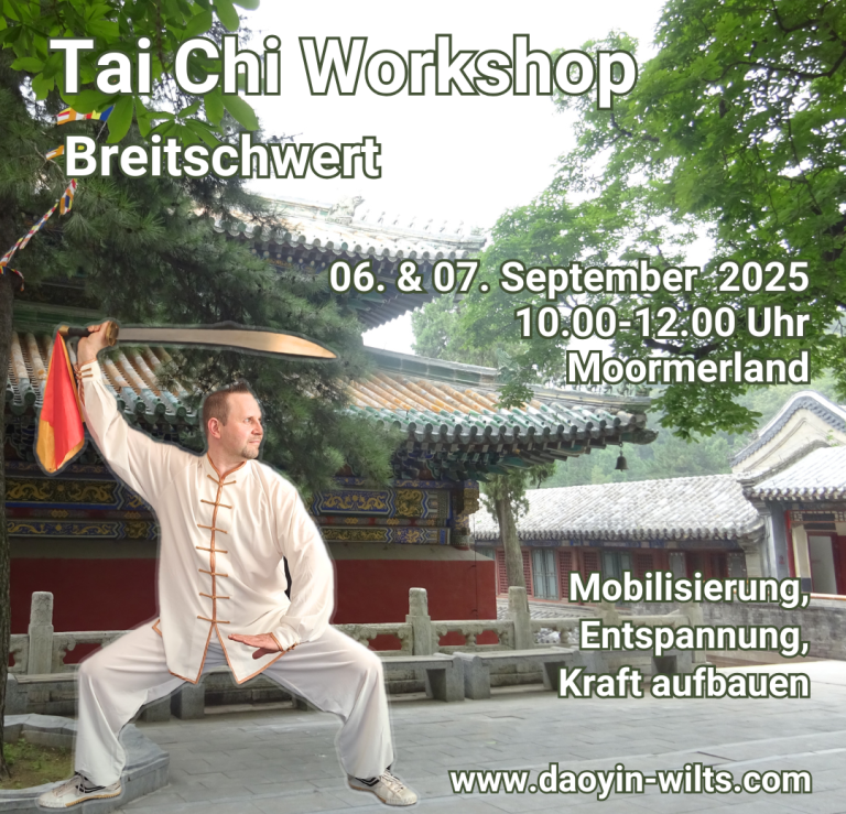 Tai Chi Workshop-Ankündigung mit Datum, Uhrzeit und Ort im Hintergrund.
