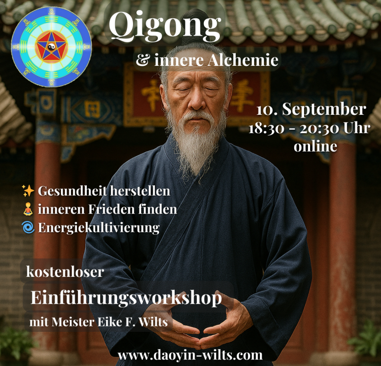 Eine junge Frau meditiert im Freien, umgeben von Bäumen, mit Text zu einem Qigong-Event.