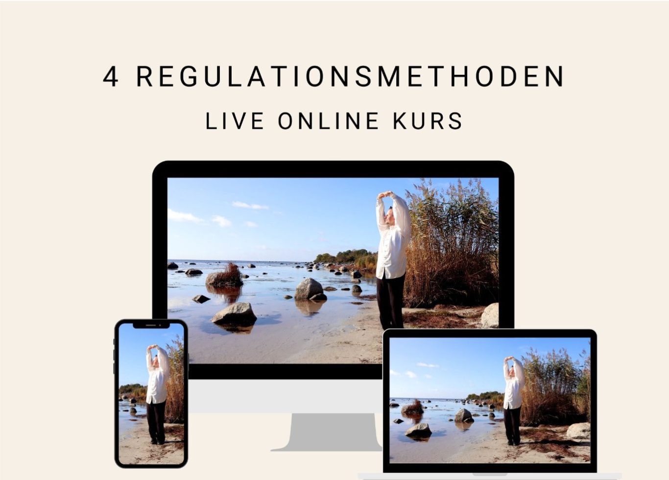 Zwei Geräte zeigen eine Person, die an einem Strand mit Steinen und Pflanzen steht.