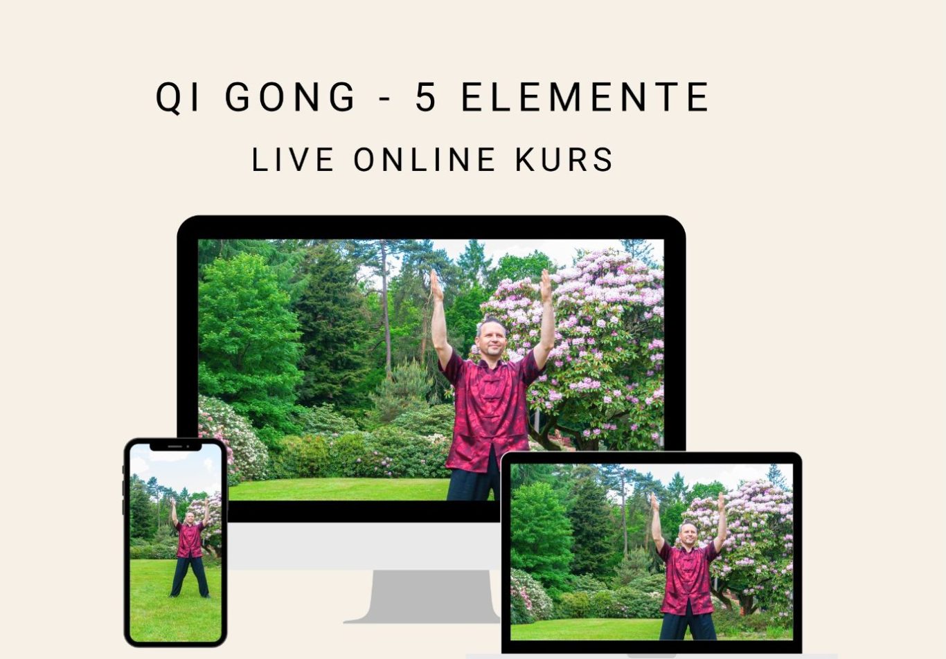 Person zeigt Qi Gong-Übungen in einem Online-Kurs auf verschiedenen Geräten.