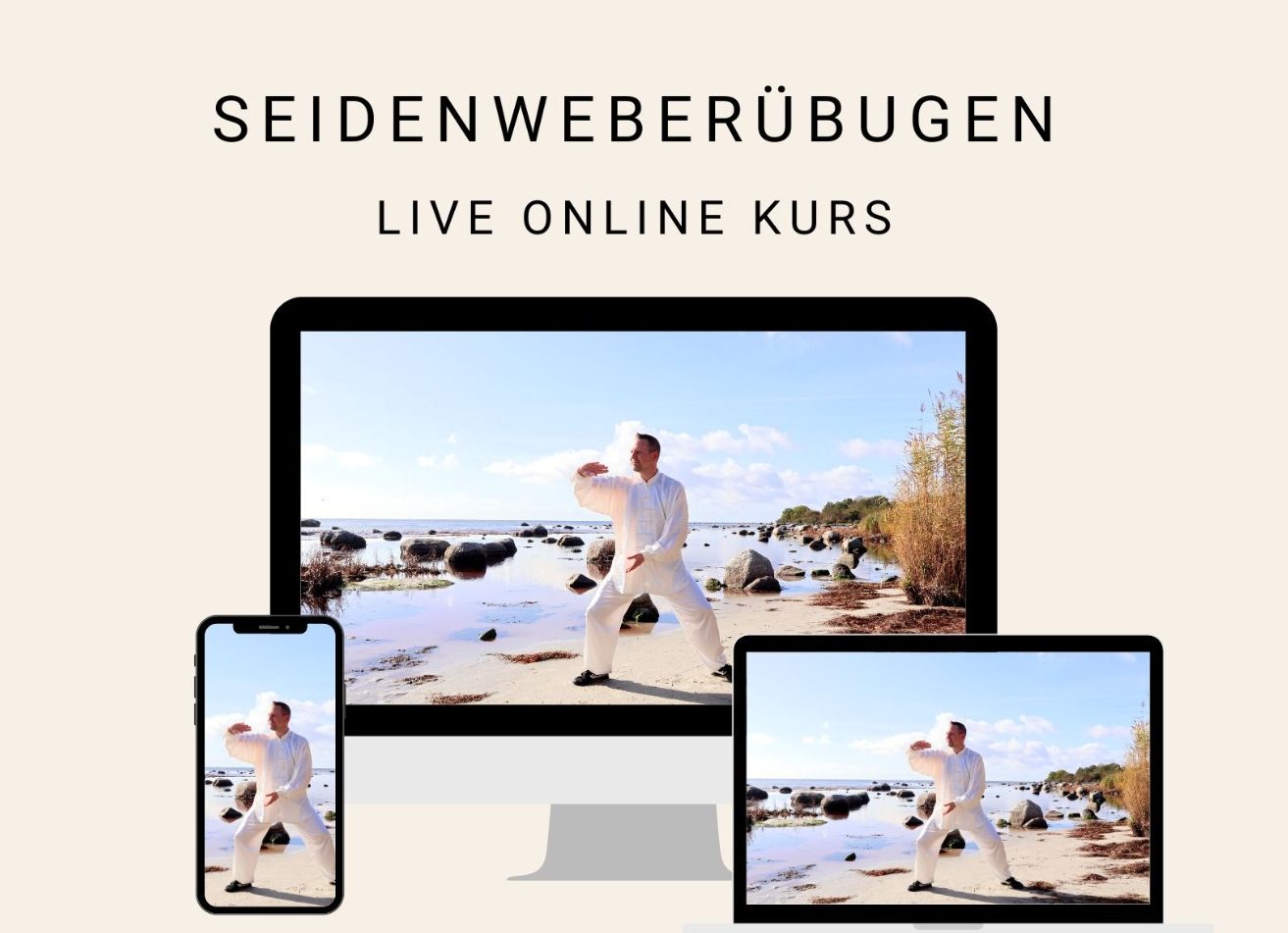 Seidenweberübungen Online-Kurs auf verschiedenen Geräten mit Küstenlandschaft im Hintergrund.