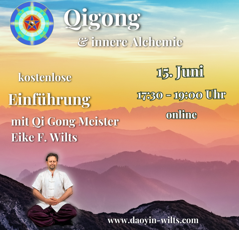 Textankündigung für einen kostenlosen Online-Qigong-Kurs mit Datum und Uhrzeit.